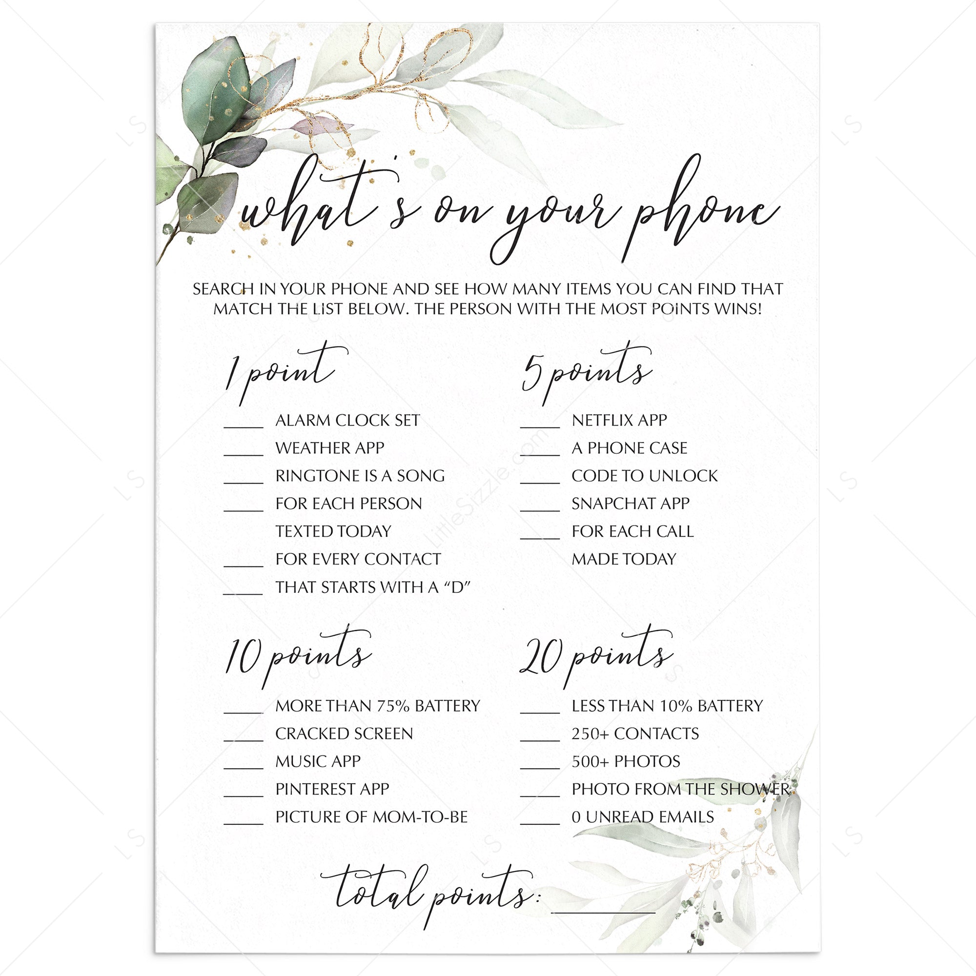 Gold Green Baby Shower Game Printable What's On Your Phone by LittleSizzle