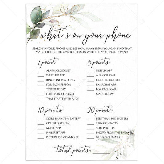 Gold Green Baby Shower Game Printable What's On Your Phone by LittleSizzle