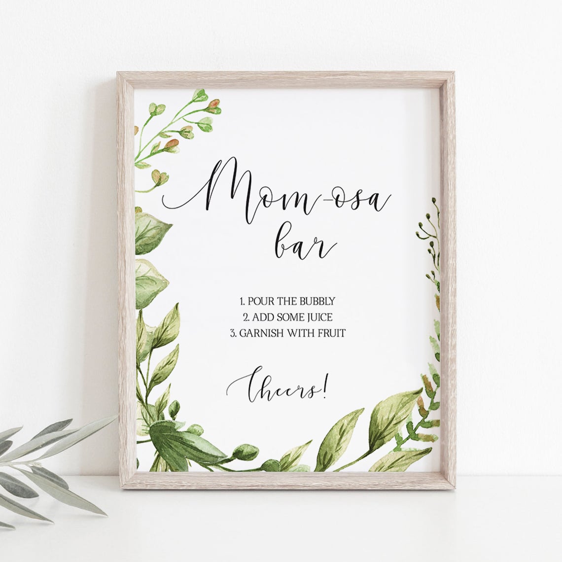 Watercolor green leaf baby shower decor momosa bar table sign by LittleSizzle