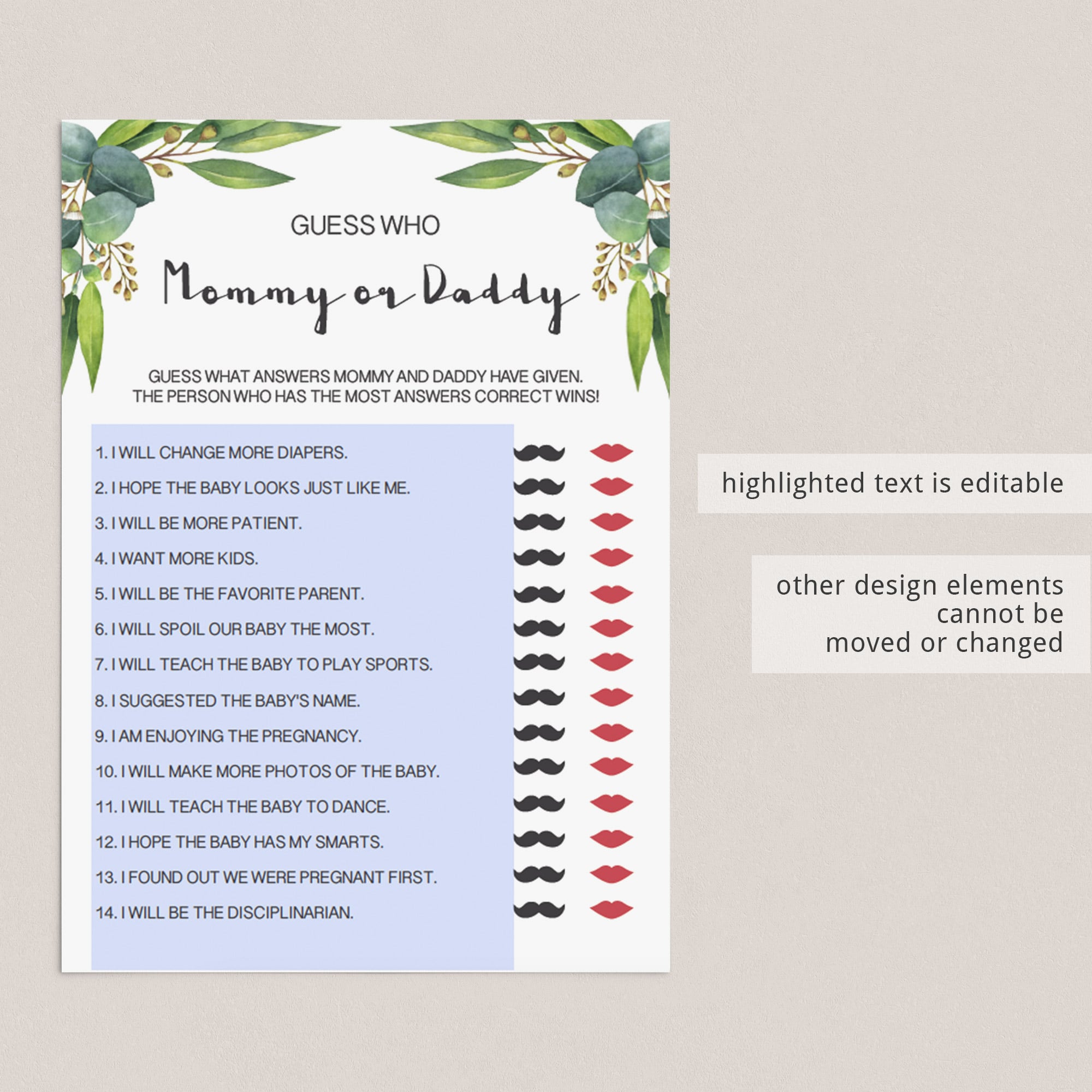 Lips and moustache game for neutral baby shower printable by LittleSizzle