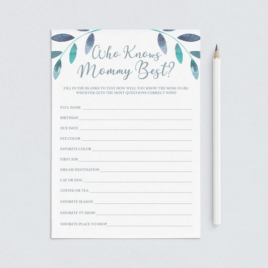 Printable Who Knows Mommy Best Quiz with Watercolor Leaves by LittleSizzle