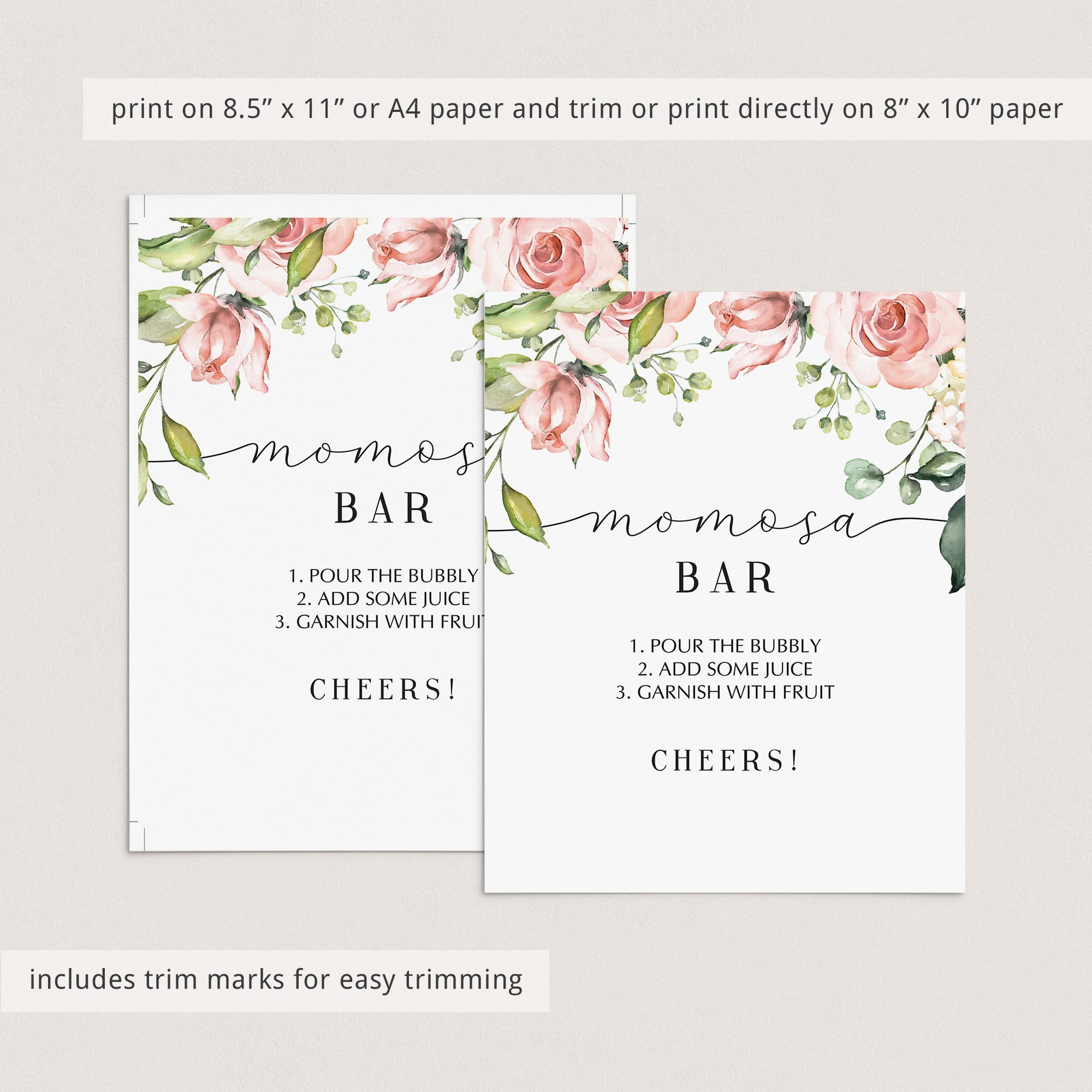 Printable momosa bar table sign with blush flowers by LittleSizzle