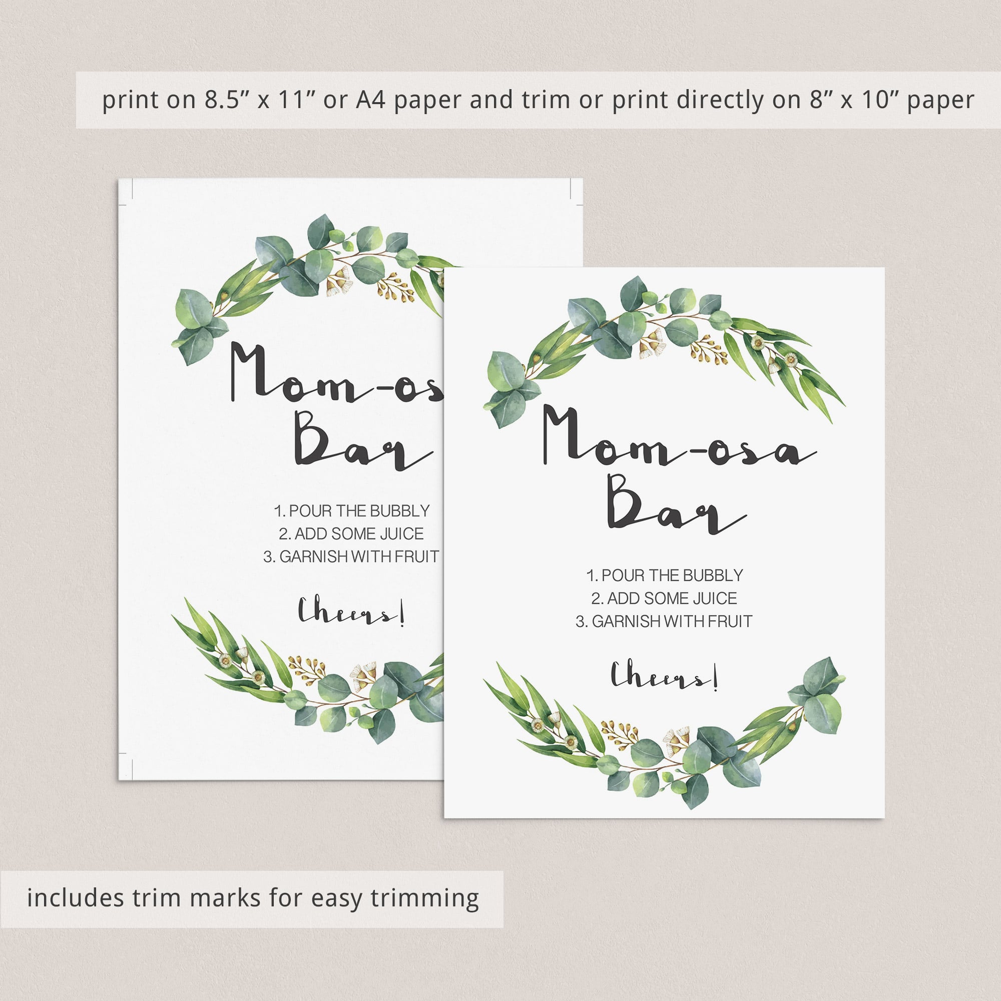 Mom-osa bar table sign green eucalyptus leaves instant download by LittleSizzle