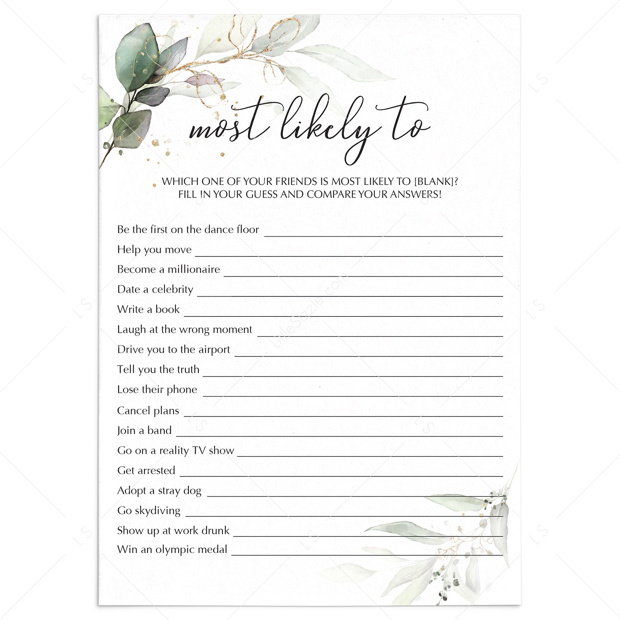 Most Likely To Party Game Printable Green Gold by LittleSizzle