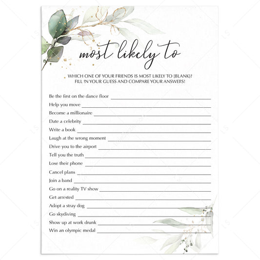 Most Likely To Party Game Printable Green Gold by LittleSizzle