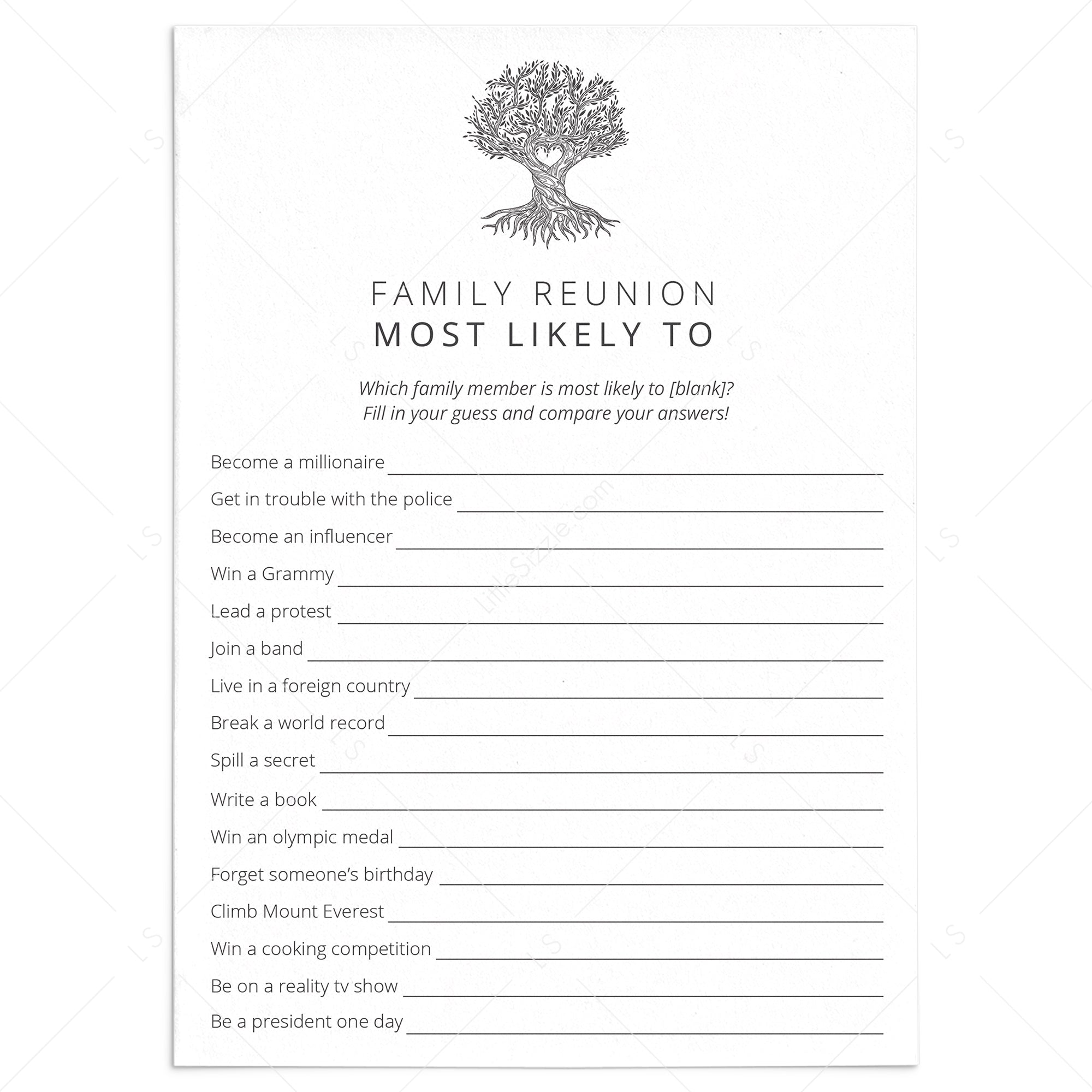Fun Family Reunion Party Game Most Likely To by LittleSizzle