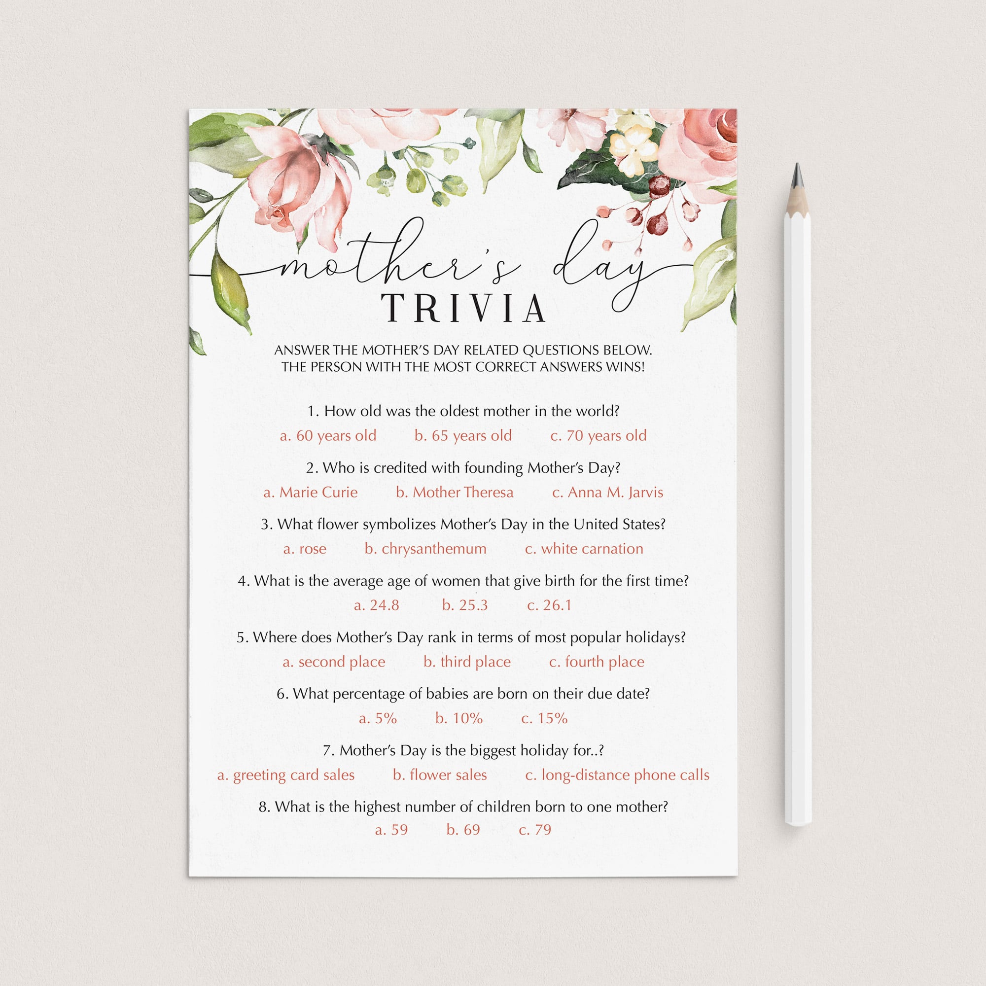 Mother's Day Trivia Game Printable & Fillable PDF by LittleSizzle