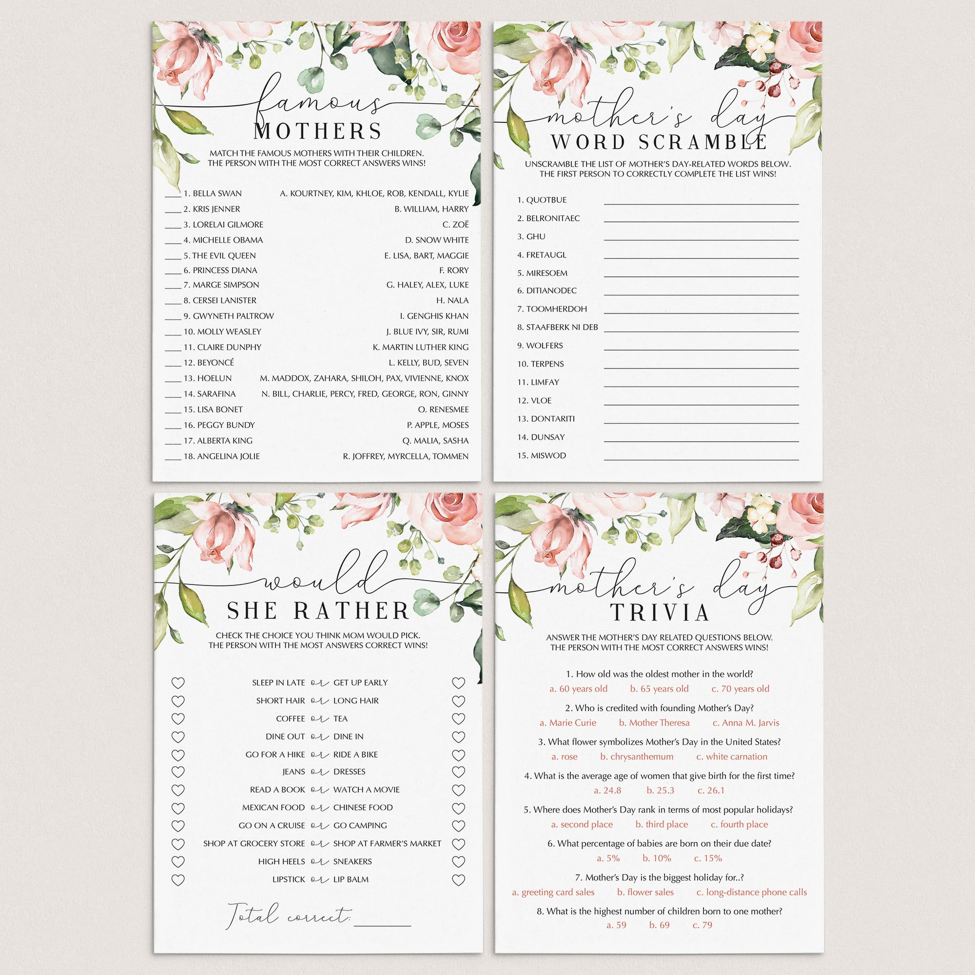 (Virtual) Mother's Day Games Bundle Instant Download by LittleSizzle