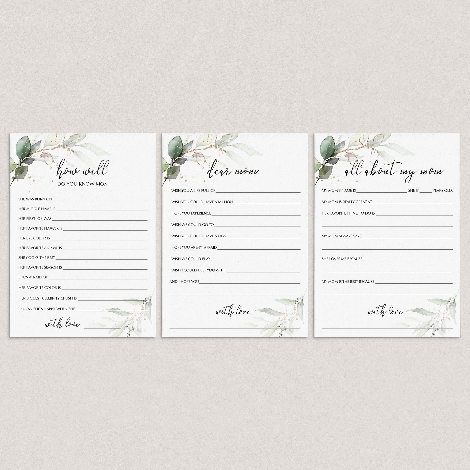 Gold and Greenery Mother's Day Cards Printable by LittleSizzle