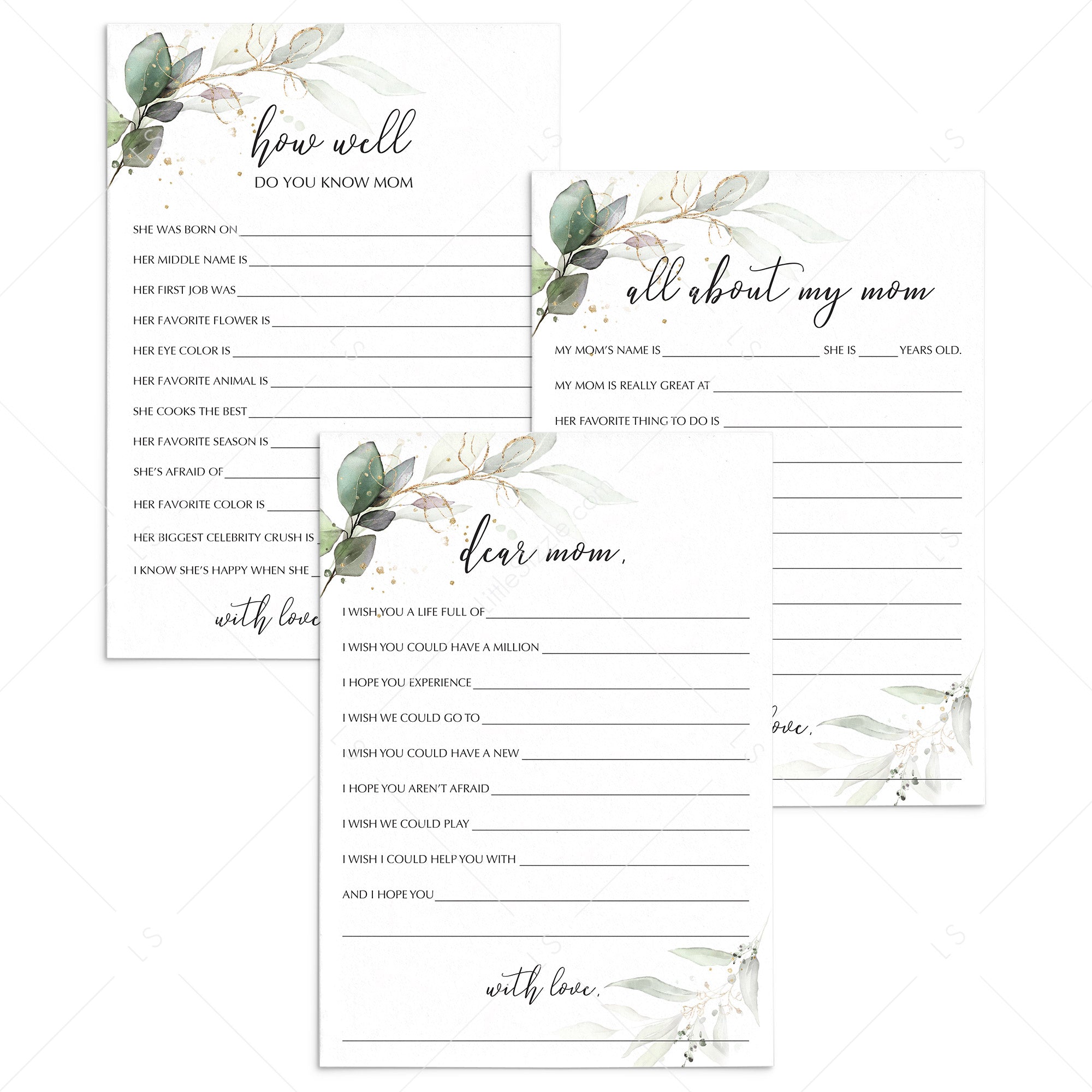 Gold and Greenery Mother's Day Cards Printable by LittleSizzle