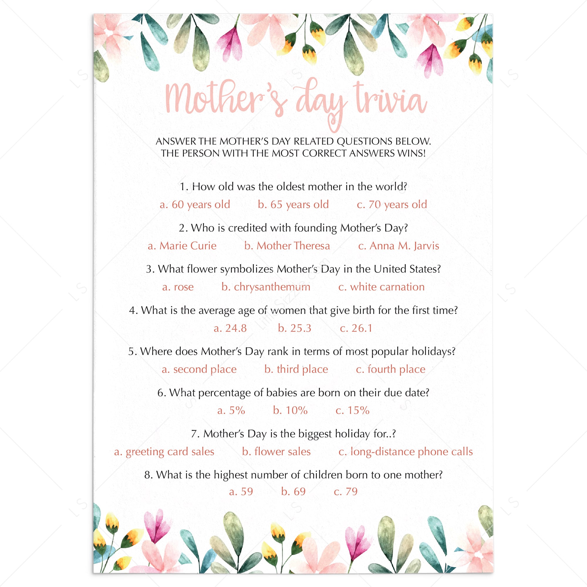(Virtual) Mother's Day Quiz Instant Download by LittleSizzle