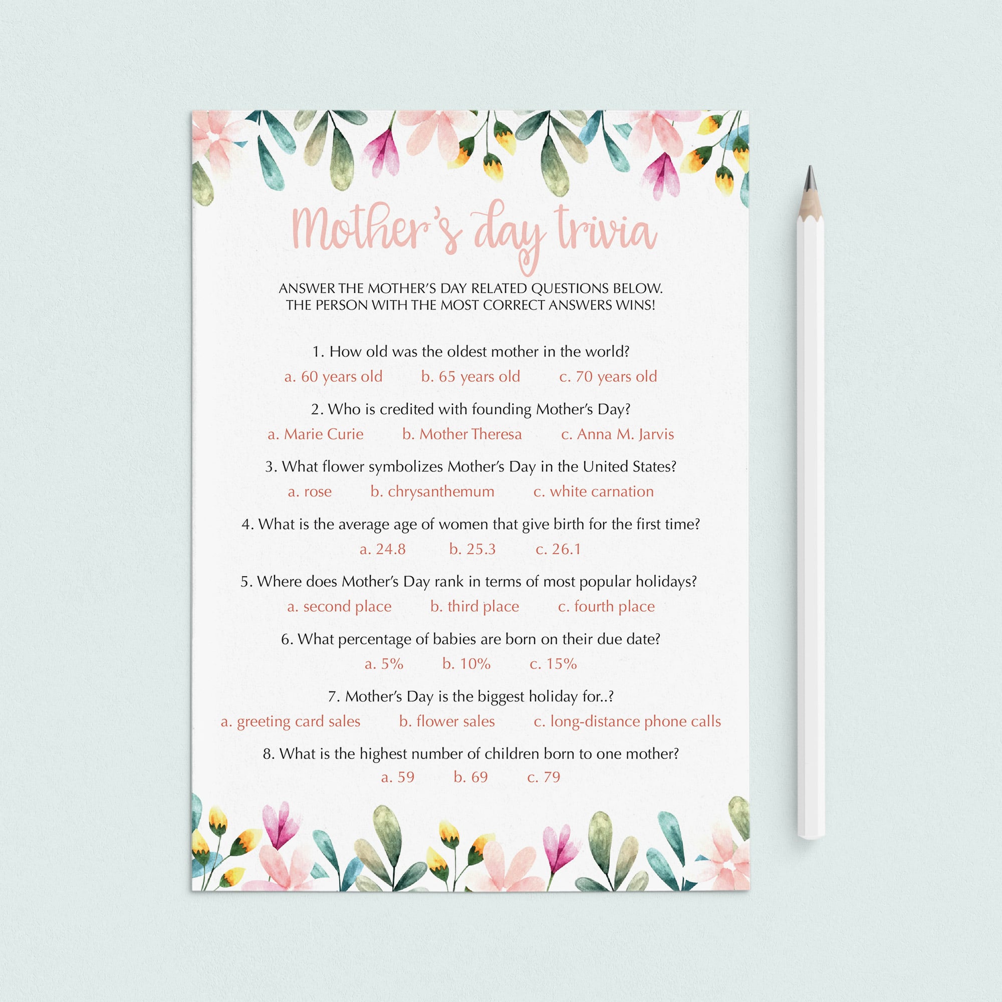 (Virtual) Mother's Day Quiz Instant Download by LittleSizzle
