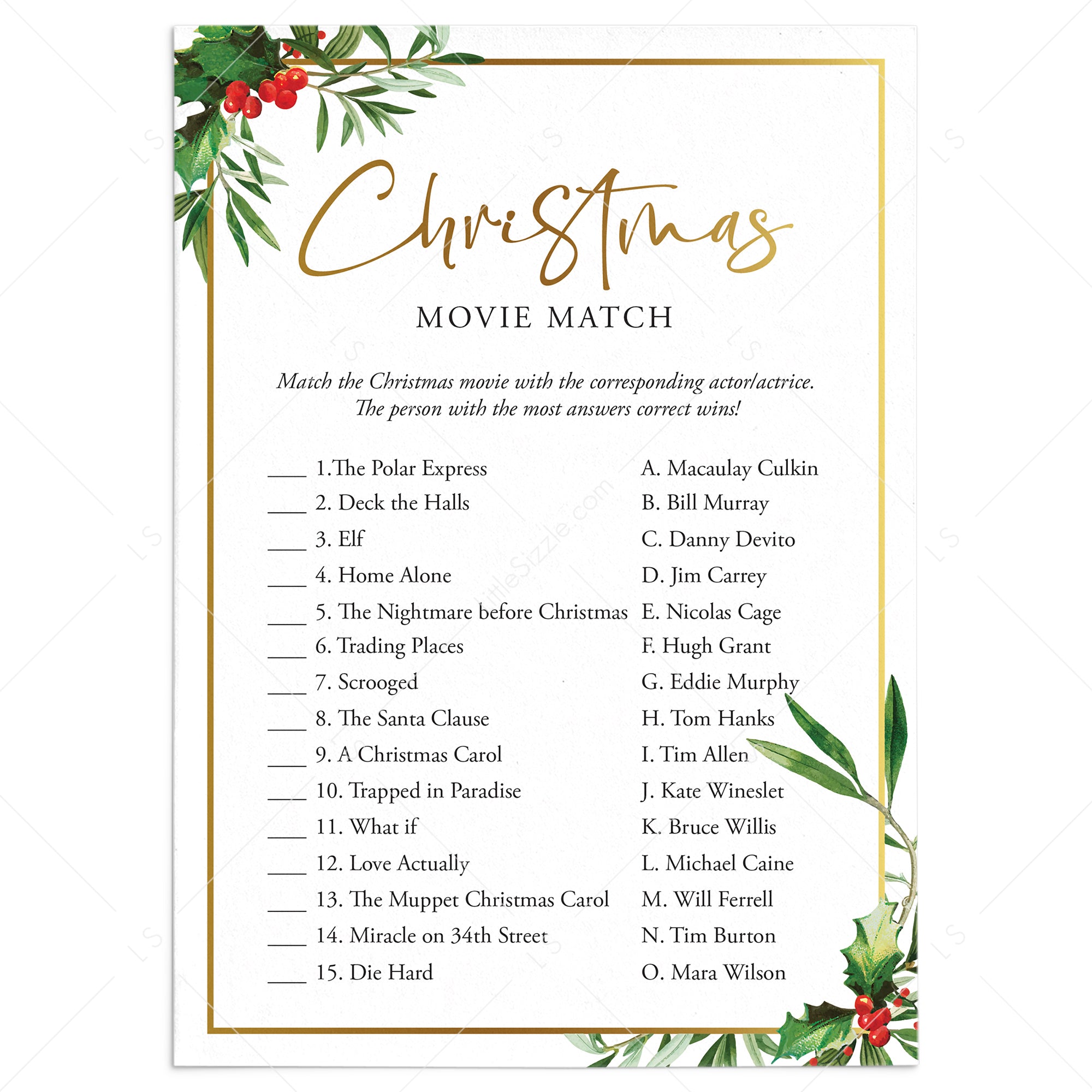 Greenery Christmas Game Movie Match Printable by LittleSizzle