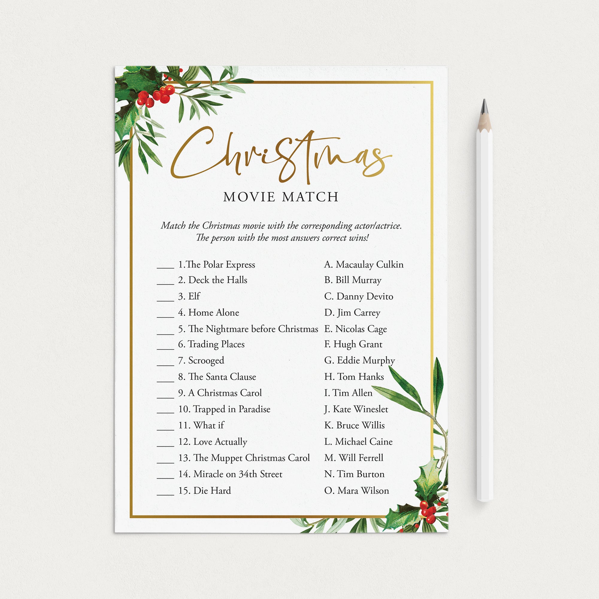Greenery Christmas Game Movie Match Printable by LittleSizzle