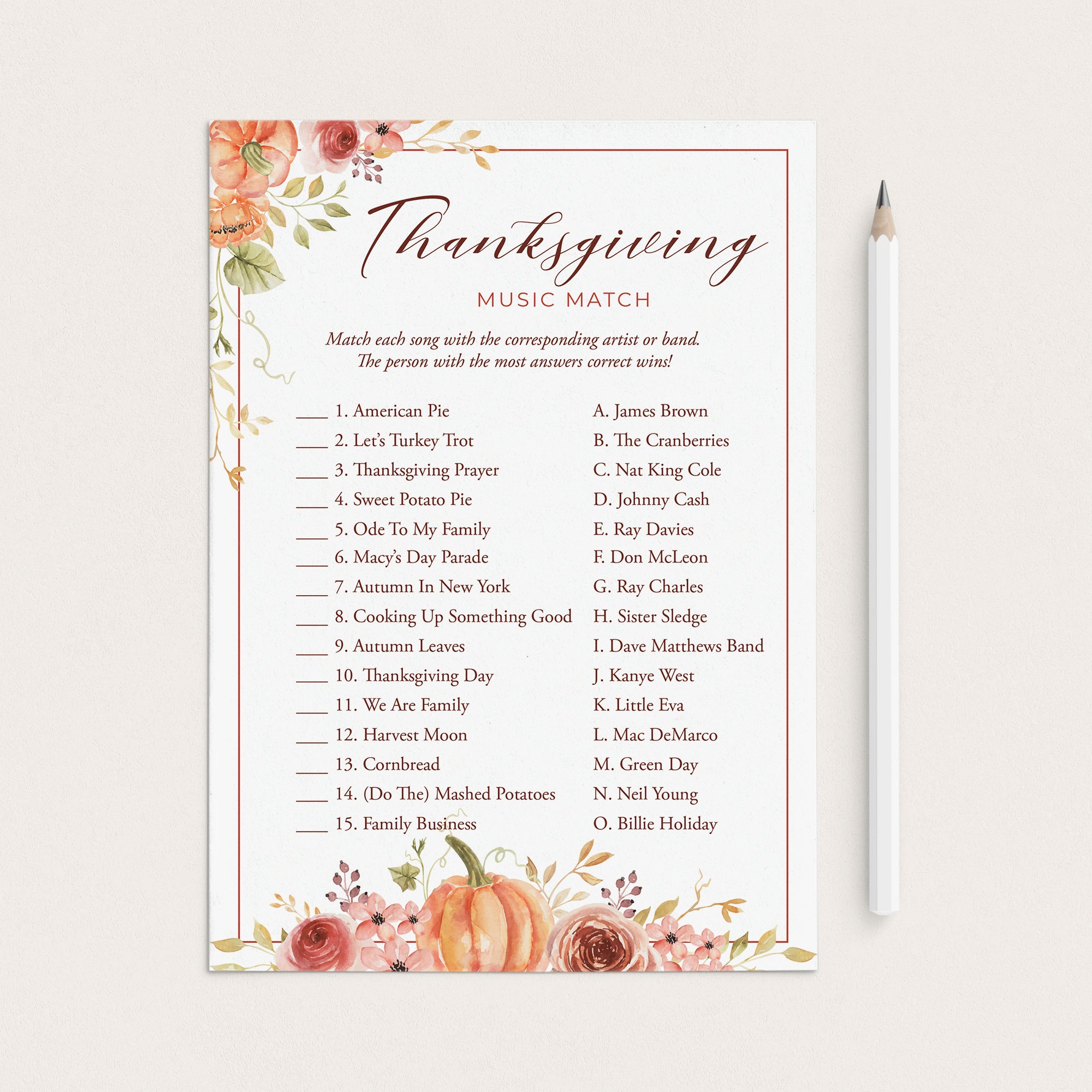Thanksgiving Music Matching Game with Answers Printable by LittleSizzle