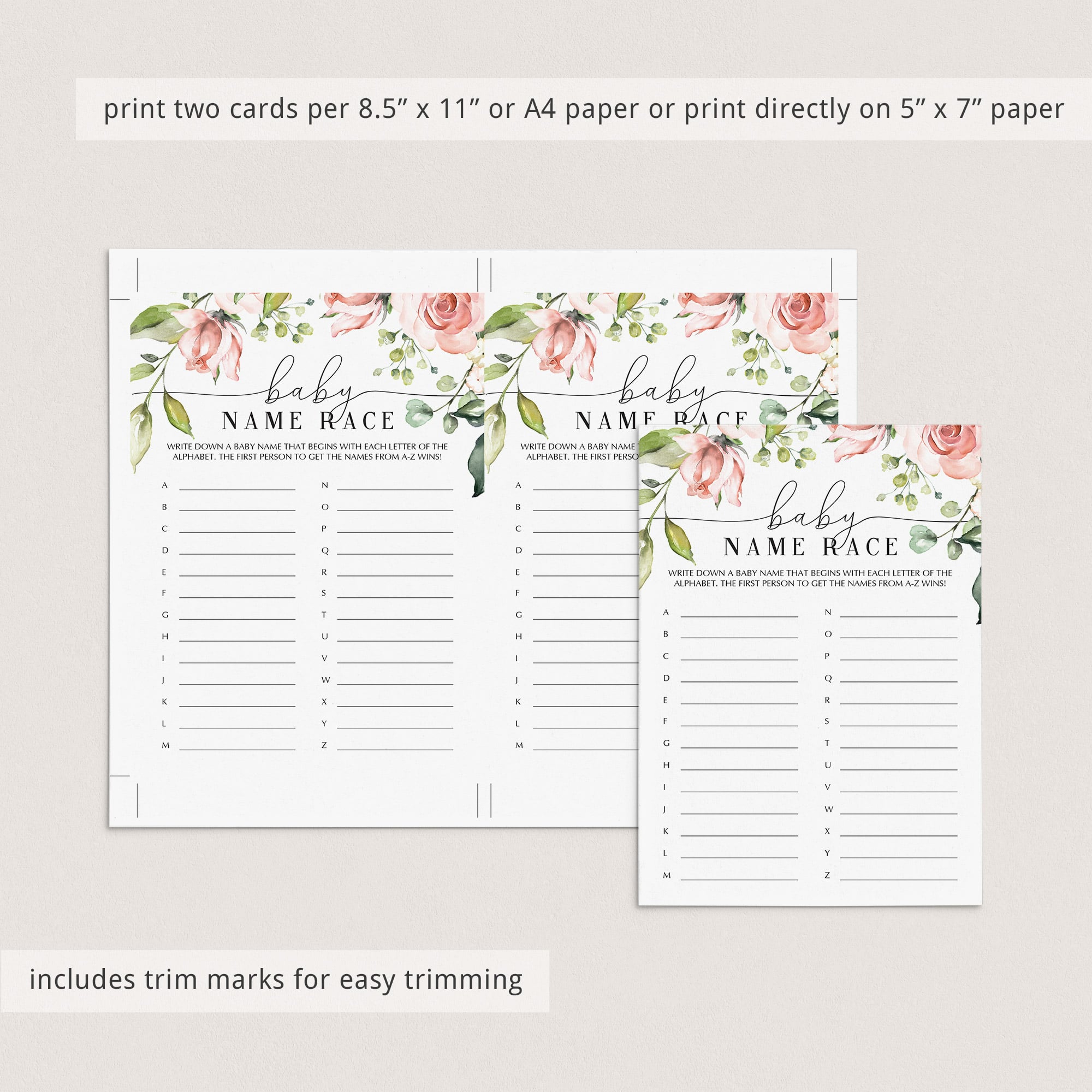 AZ baby names game for baby shower printable by LittleSizzle