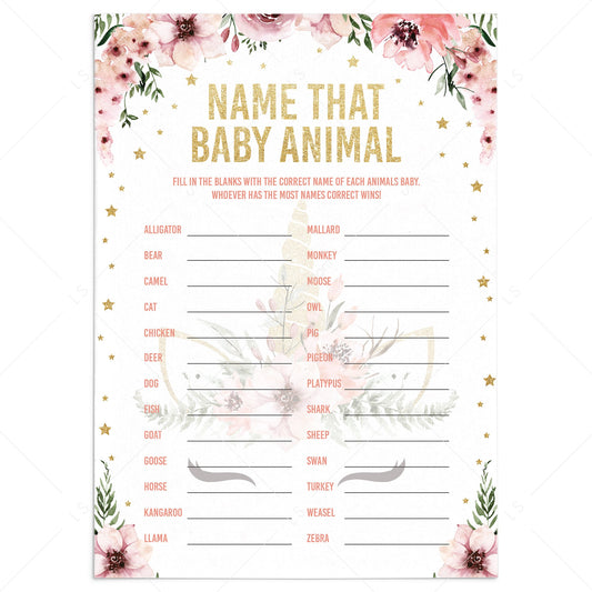 Name that baby animal game cards pink and gold baby shower by LittleSizzle