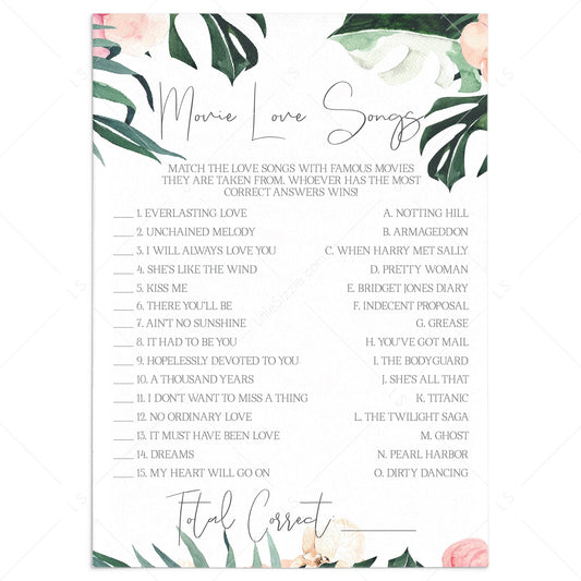 Summer Bridal Shower Love Song Match Game Printable by LittleSizzle