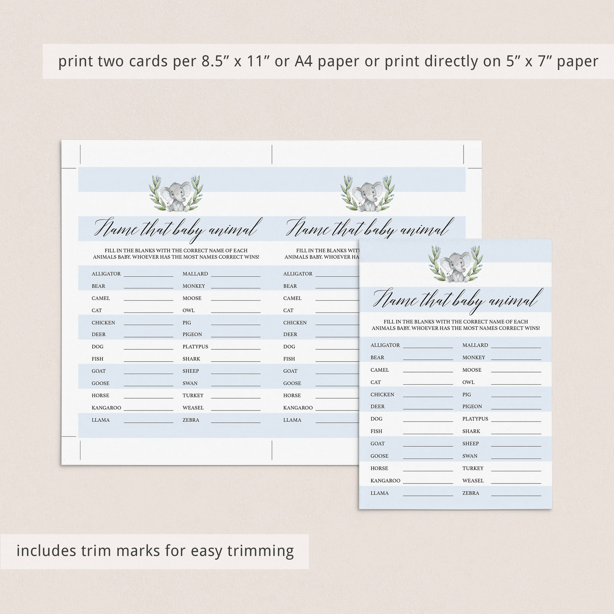 Blue and white elephant baby shower game name the baby animal by LittleSizzle