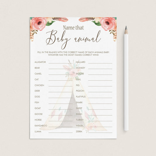 Name That Baby Animal Shower Game Printable Floral Teepee by LittleSizzle