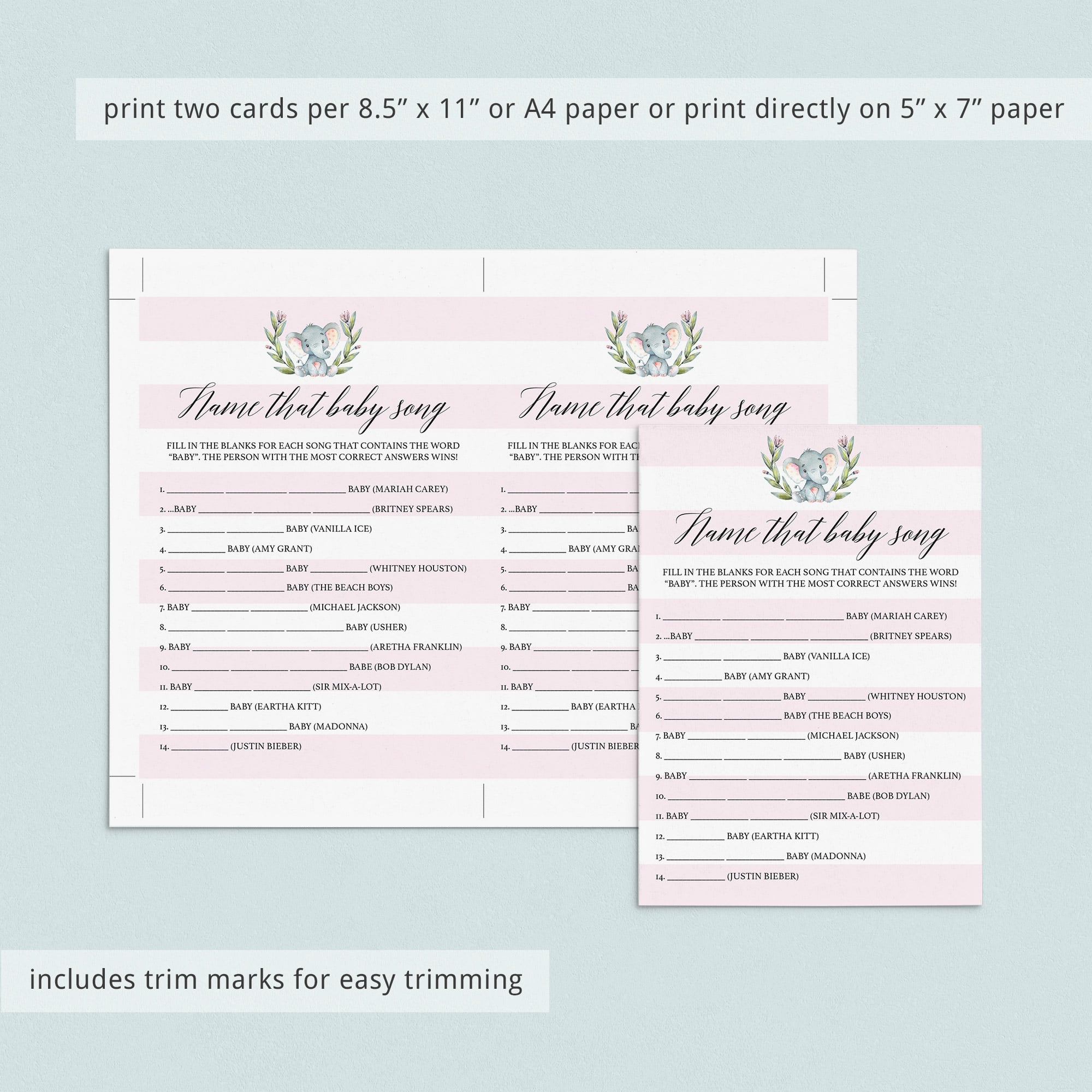Elephant theme baby shower name the song game printable by LittleSizzle