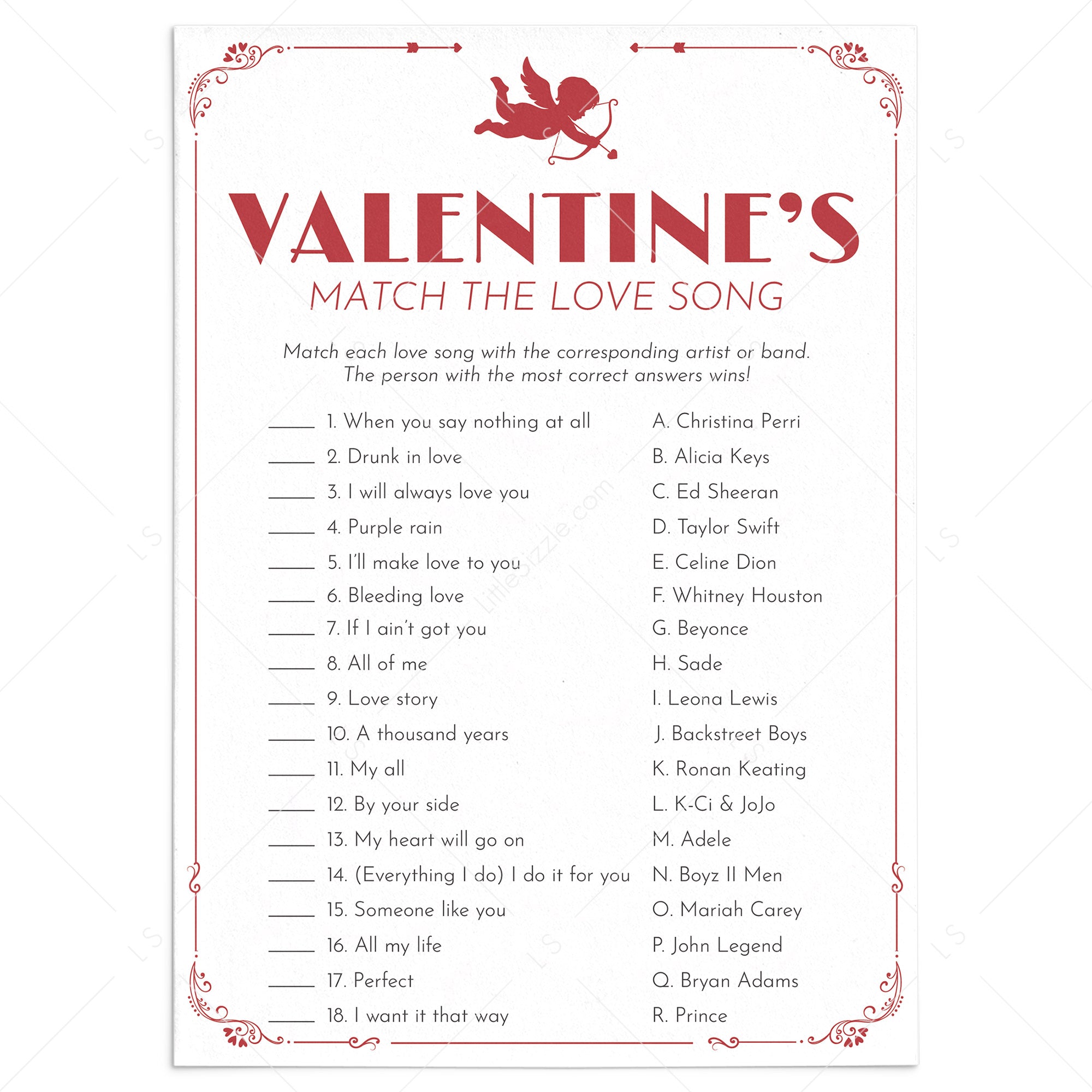 Valentines Love Song Match Game with Answer Key by LittleSizzle