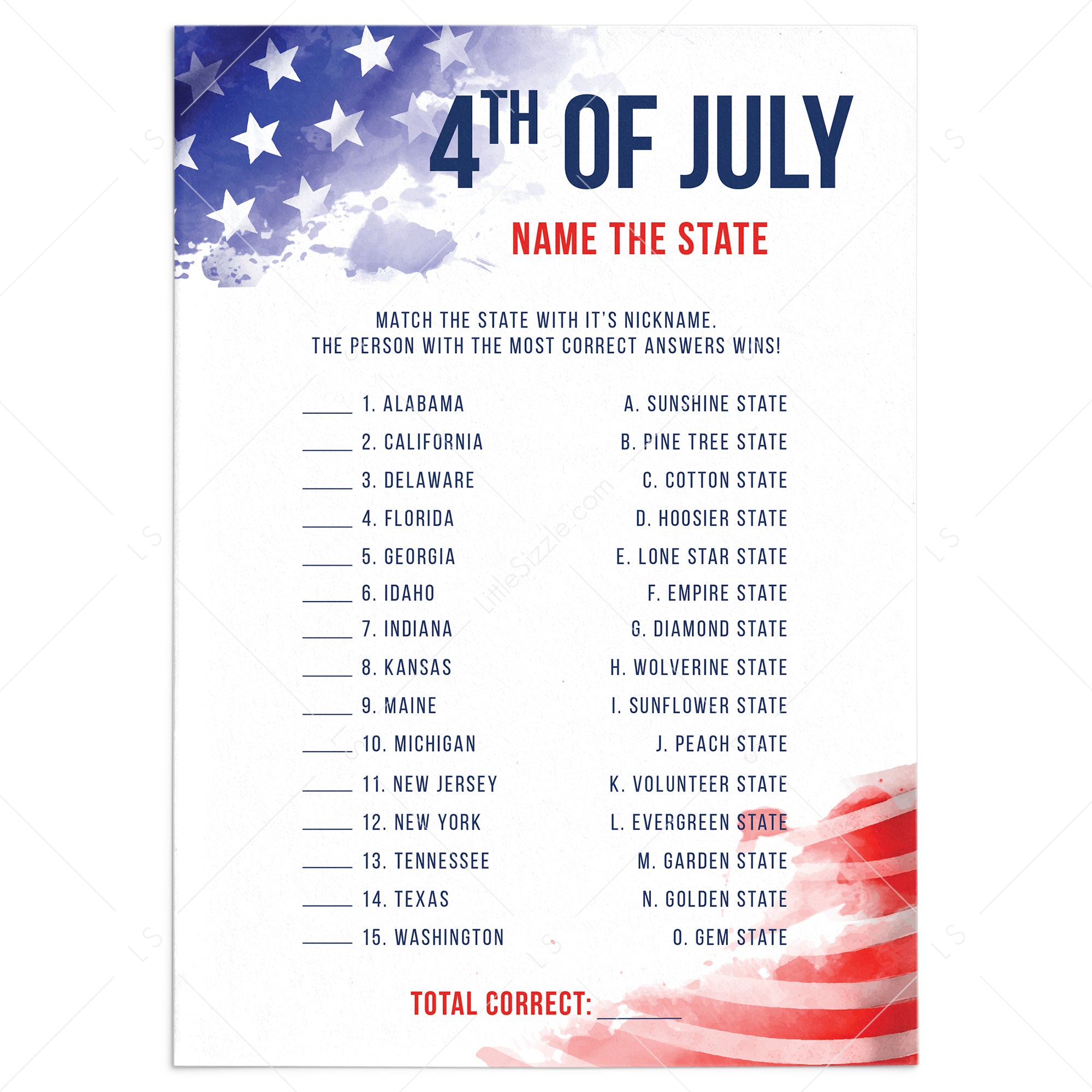 4th of July Game for Family Guess The State with Answers by LittleSizzle