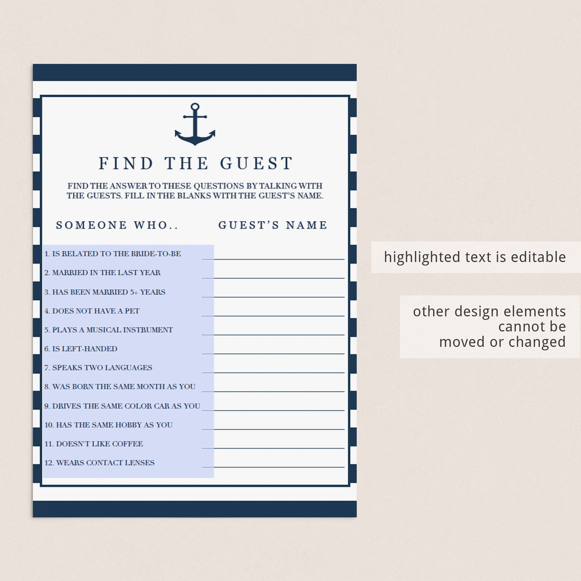 navy bridal shower mingle game cards instant download