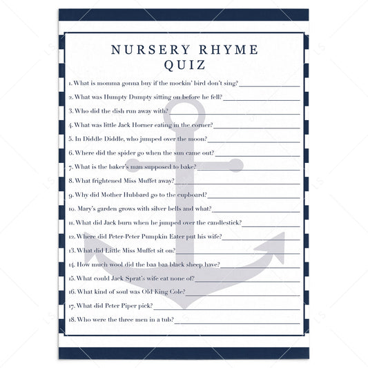 Printable Nursery Rhyme Quiz for boy baby shower by LittleSizzle