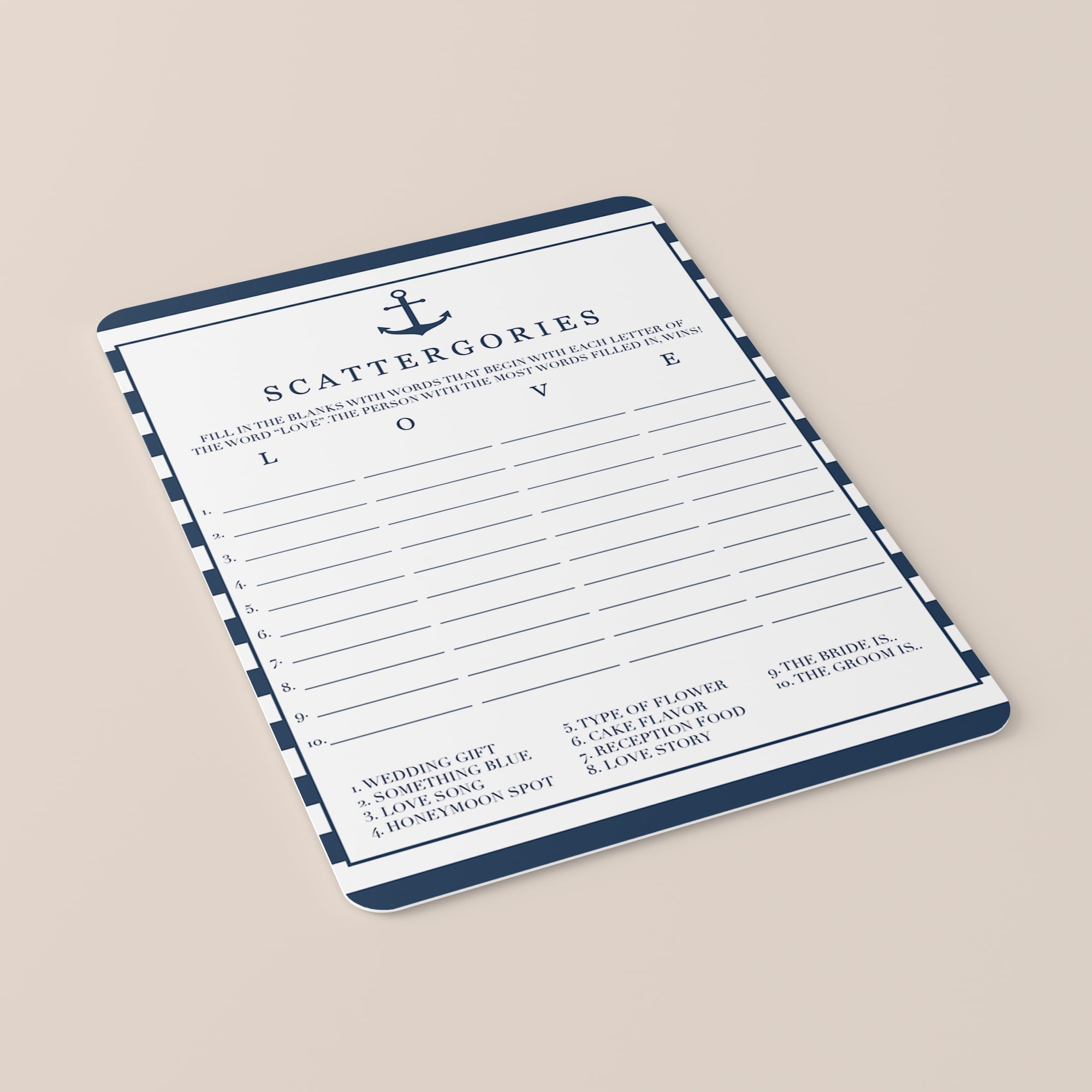 nautical bridalshower scattergories game cards