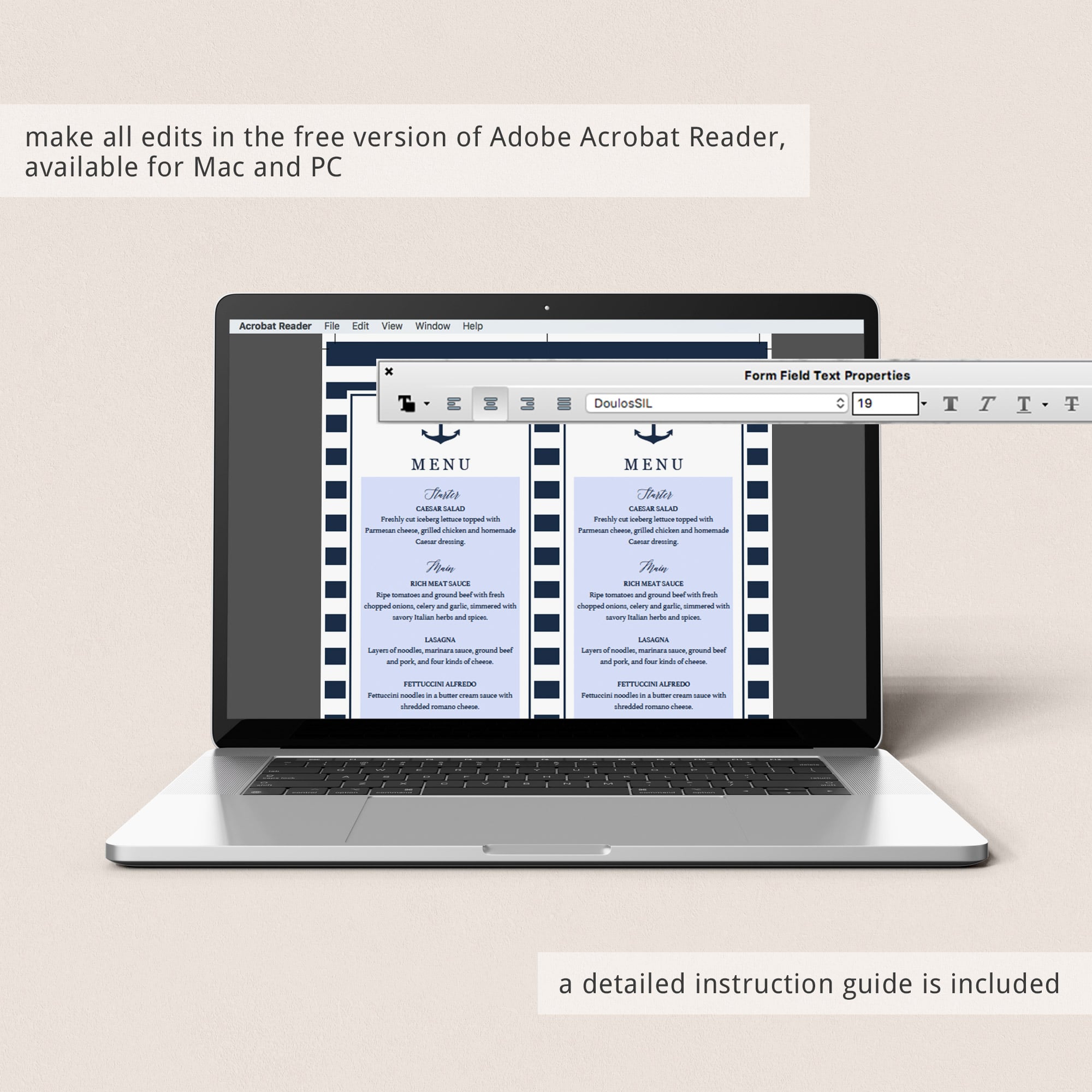 Editable dinner party menu cards template by LittleSizzle