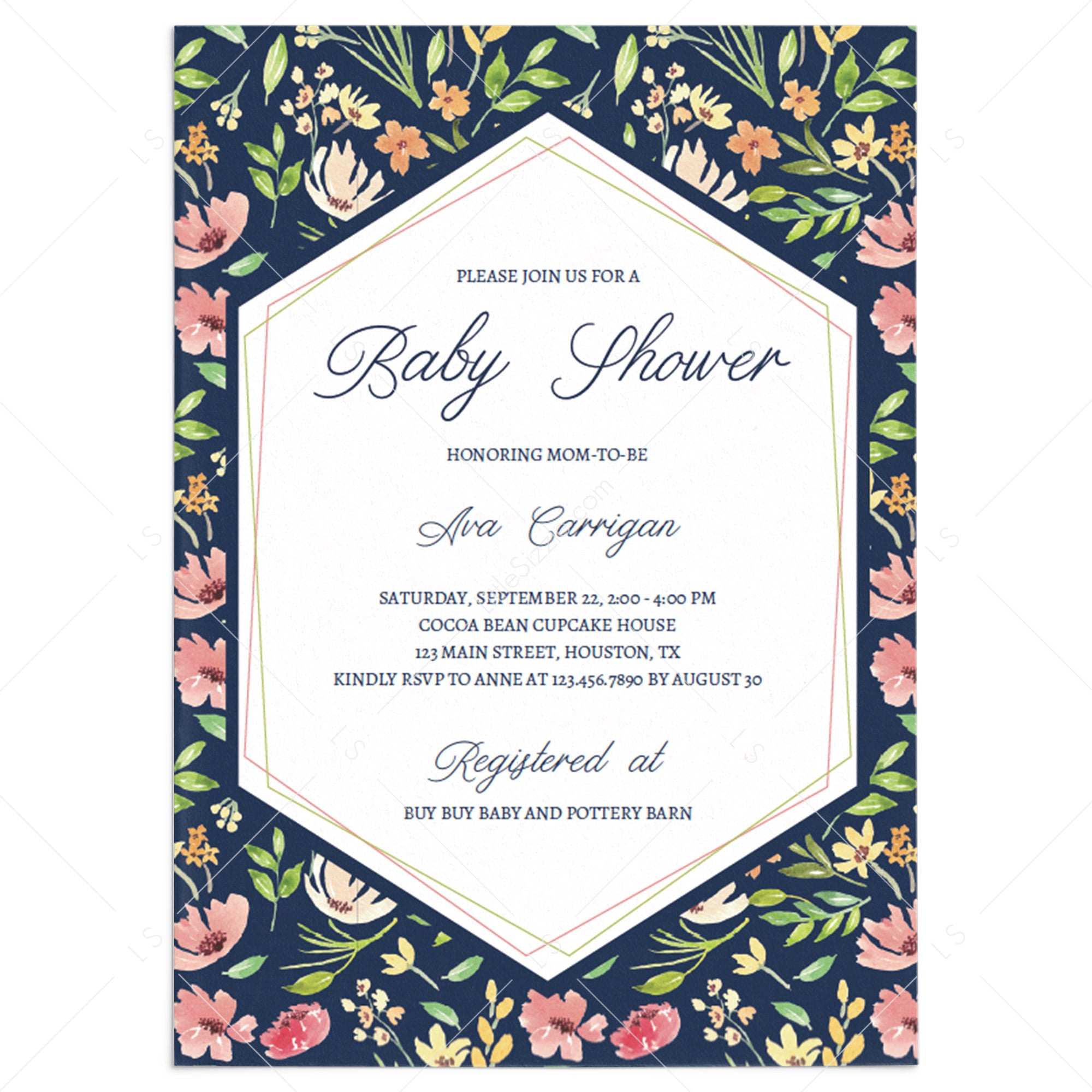 Navy floral baby shower invitation template by LittleSizzle