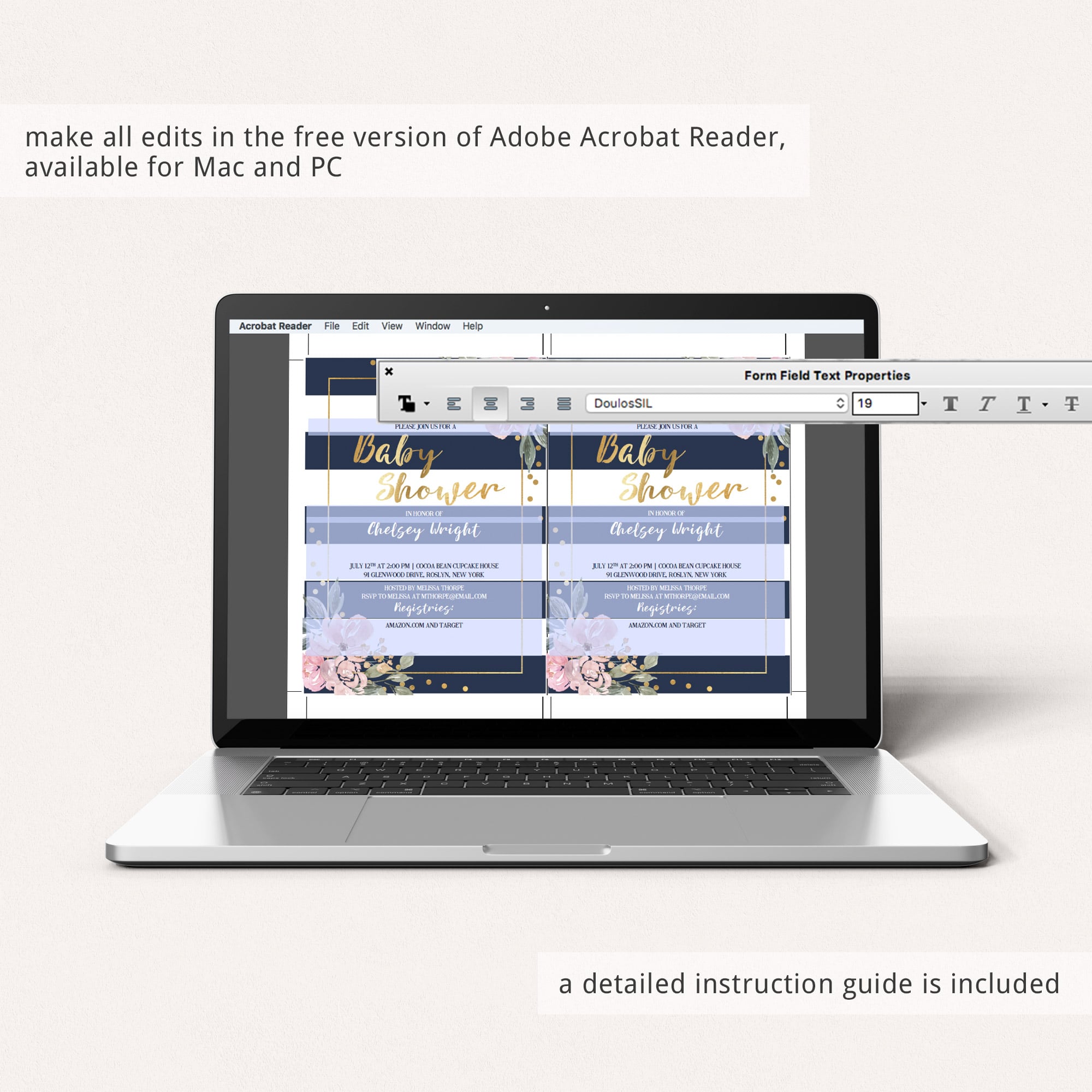 Editable invitation templates for pink and navy baby shower by LittleSizzle