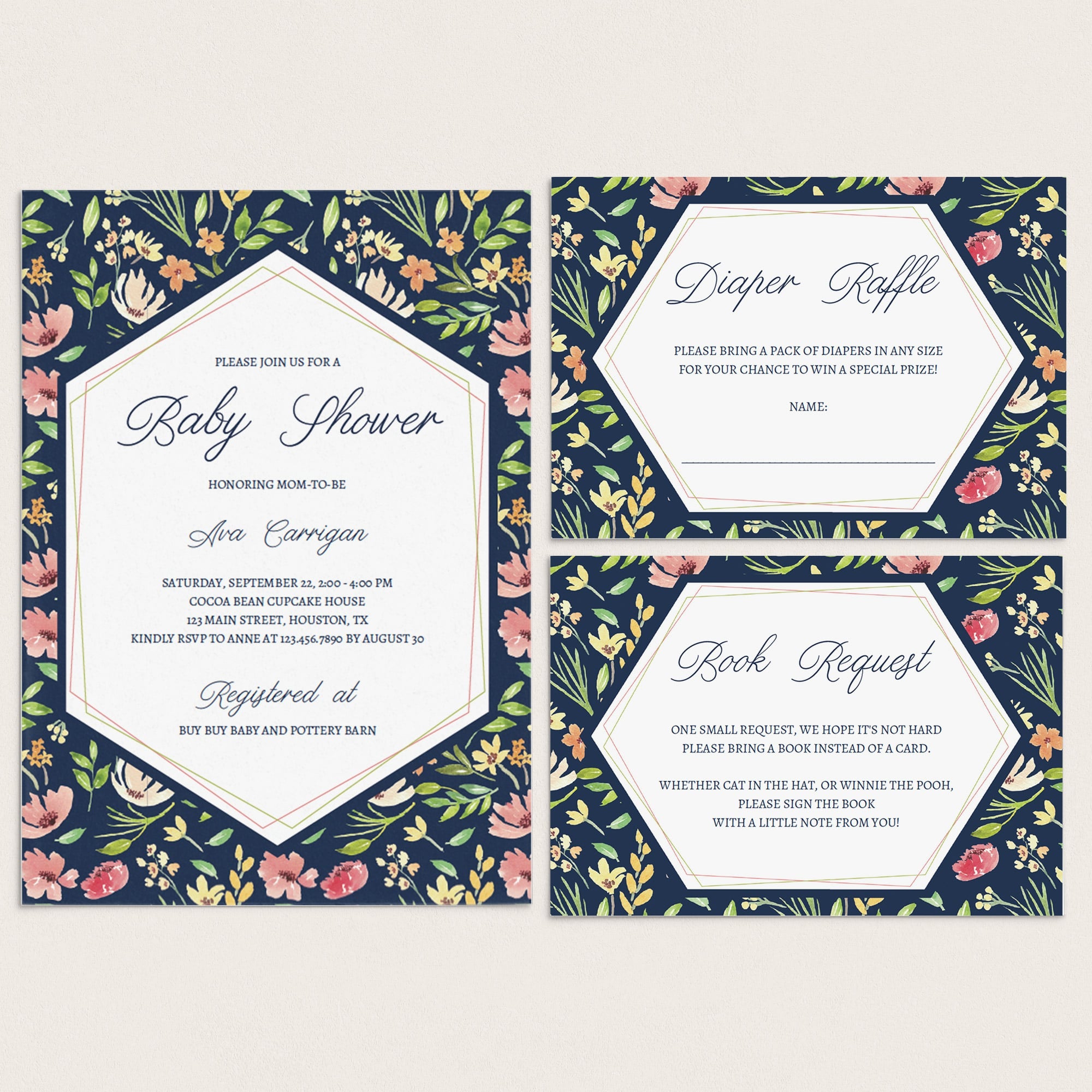 Navy and pink floral baby shower invitation and inserts PDF template by LittleSizzle