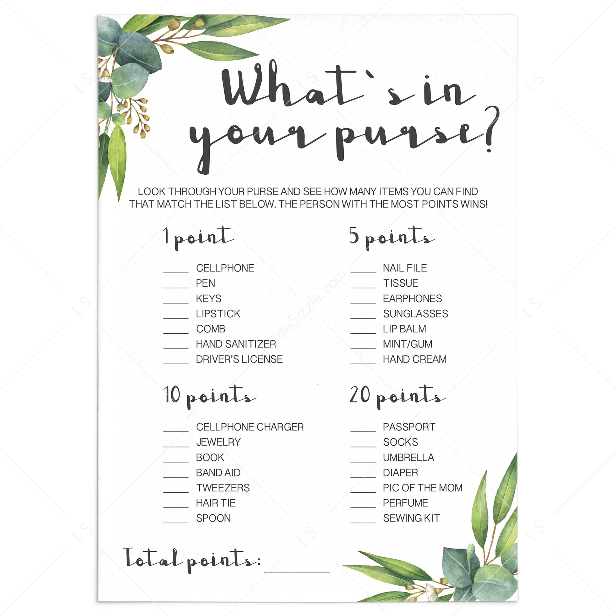 Green baby shower game what's in your purse printable by LittleSizzle