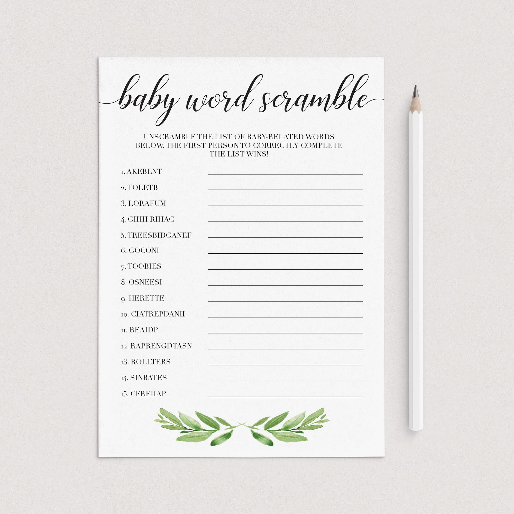 Gender Neutral Baby Shower Word Scramble Printable & Virtual