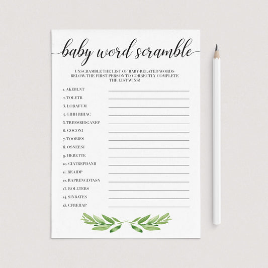 Gender Neutral Baby Shower Word Scramble Printable & Virtual