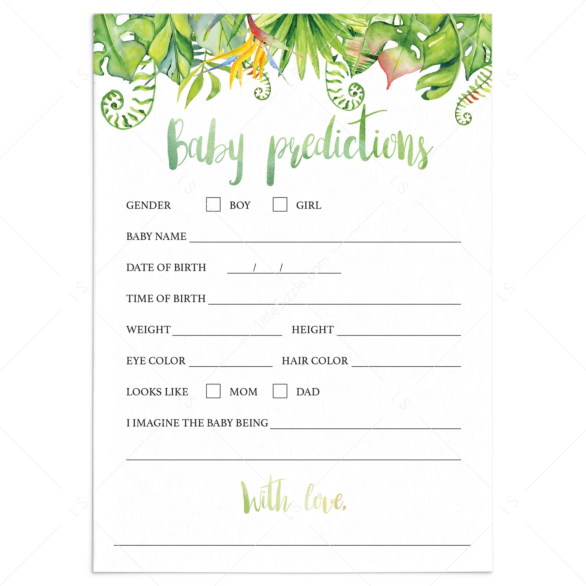 Green tropical baby predictions shower game printable by LittleSizzle
