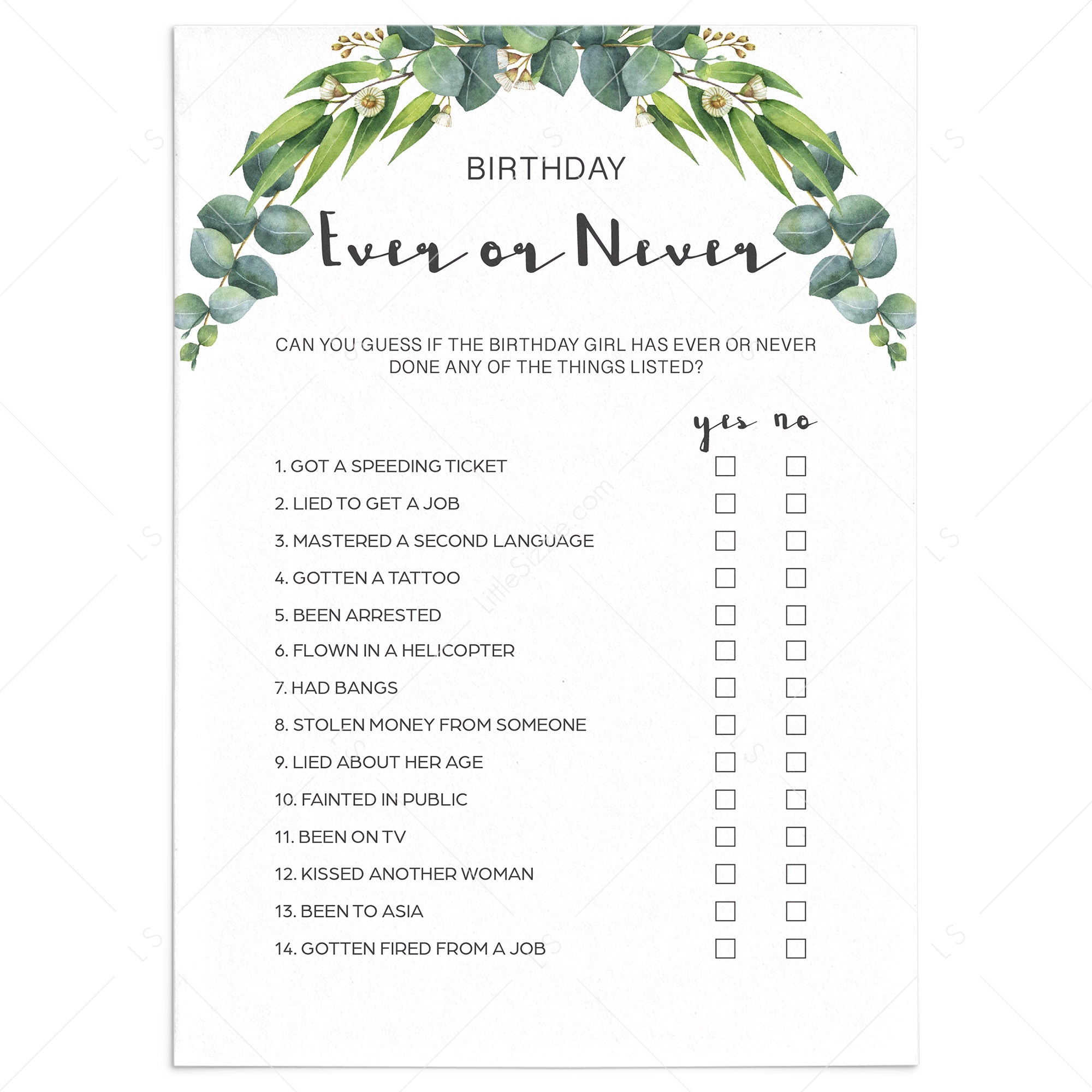 Funny Birthday Party Game for Women Ever or Never Printable by LittleSizzle