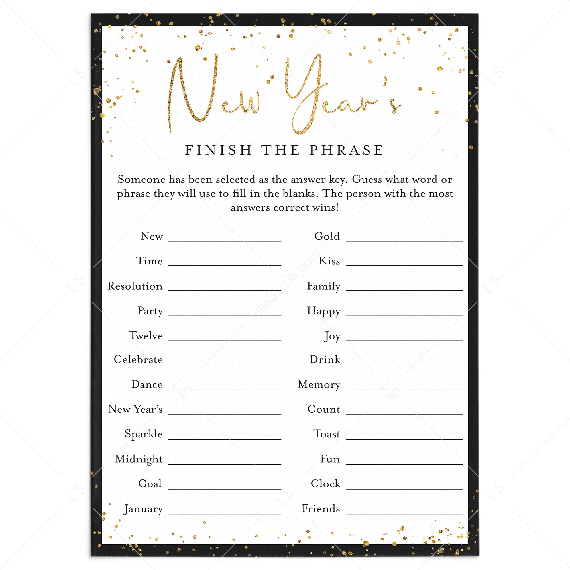 New Year's Eve Party Game for Groups Printable Finish The Phrase by LittleSizzle