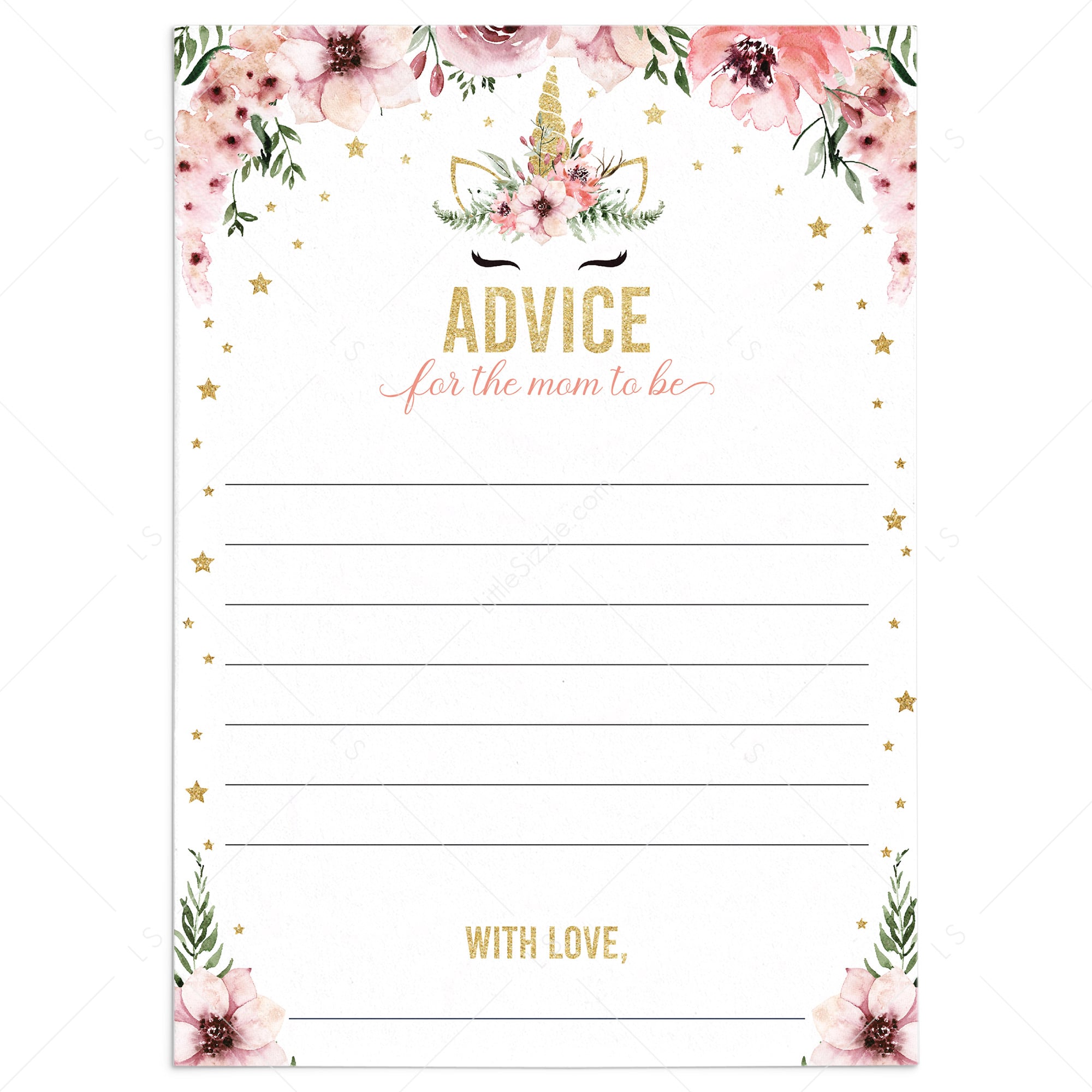 Pink and gold unicorn baby shower advice cards by LittleSizzle