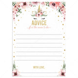 Pink and gold unicorn baby shower advice cards by LittleSizzle