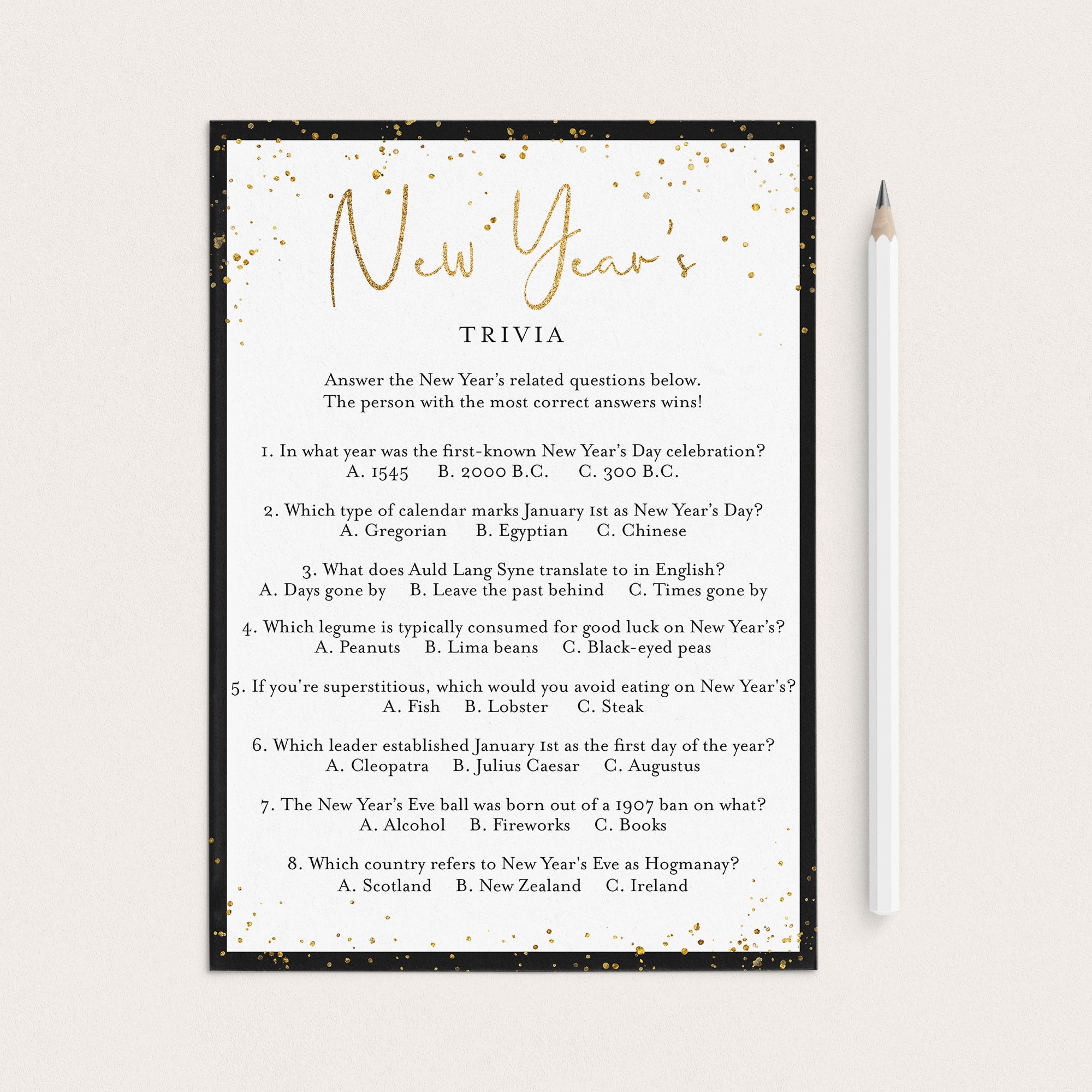 New Years Trivia Game with Answers Printable by LittleSizzle