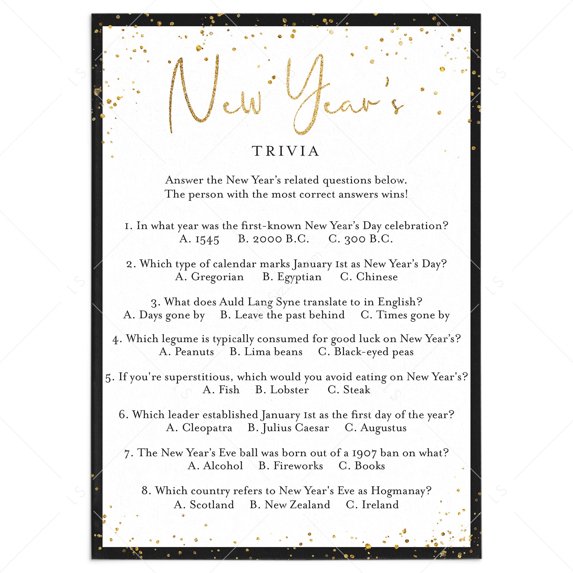 New Years Trivia Game with Answers Printable by LittleSizzle