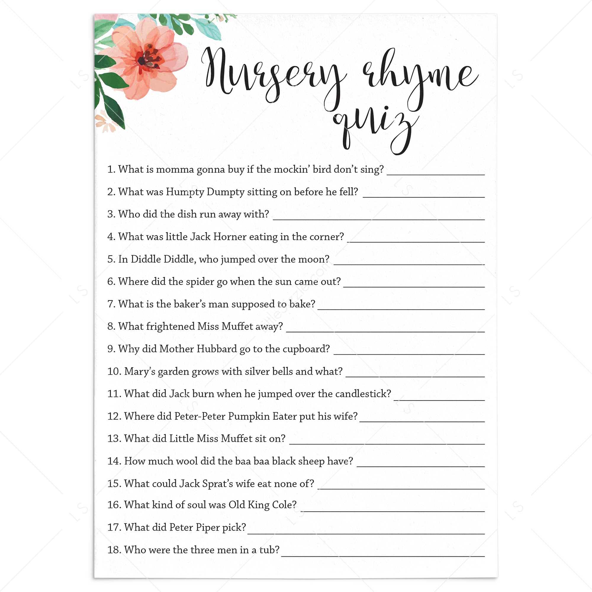 Nursery Rhyme Quiz game for baby shower by LittleSizzle