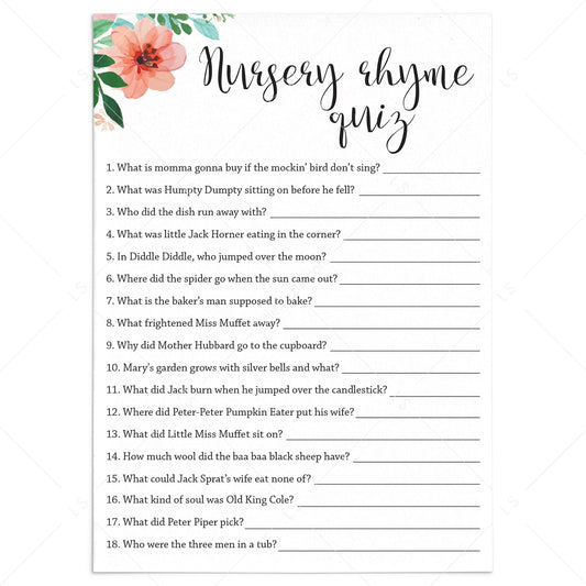Nursery Rhyme Quiz game for baby shower by LittleSizzle