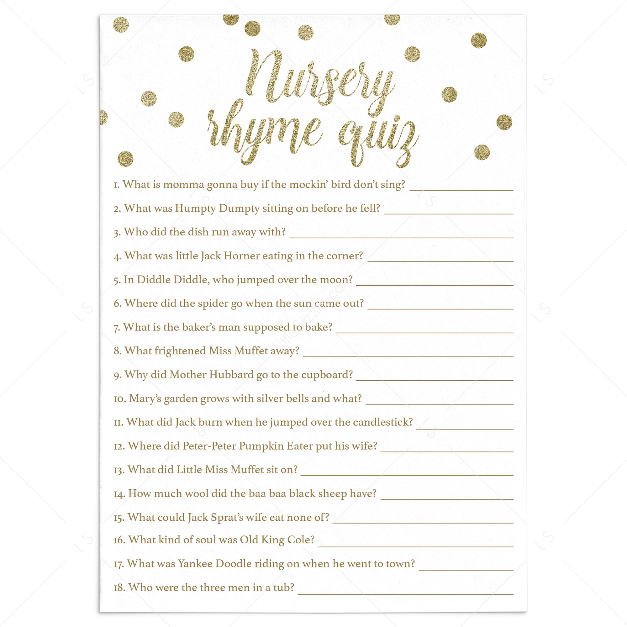 Printable Nursery Rhyme Quiz for gender neutral baby shower by LittleSizzle