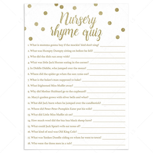 Printable Nursery Rhyme Quiz for gender neutral baby shower by LittleSizzle