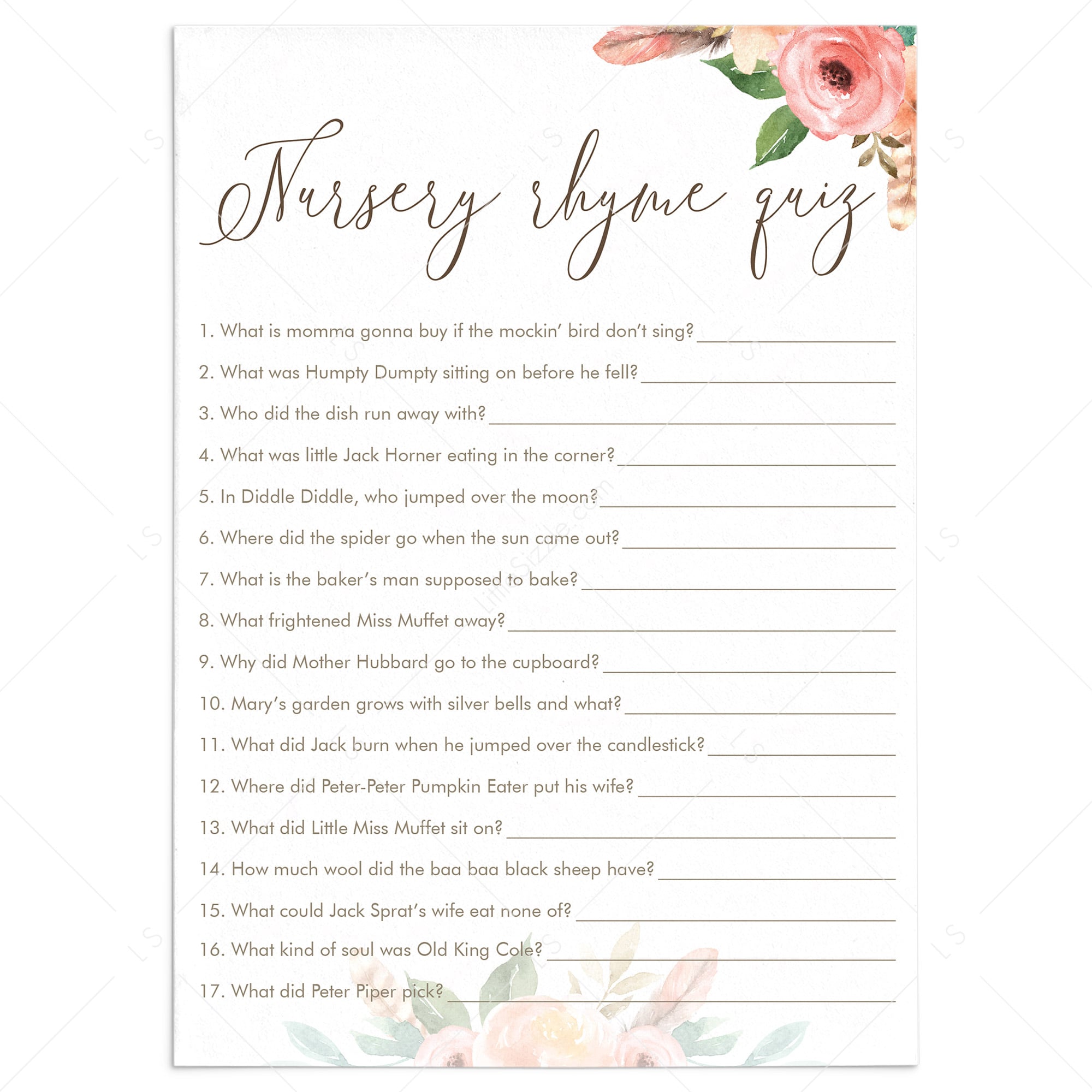 Watercolor Flowers Baby Shower Nursery Rhyme Quiz Printable by LittleSizzle