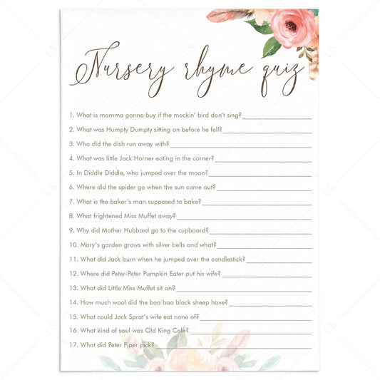 Watercolor Flowers Baby Shower Nursery Rhyme Quiz Printable by LittleSizzle